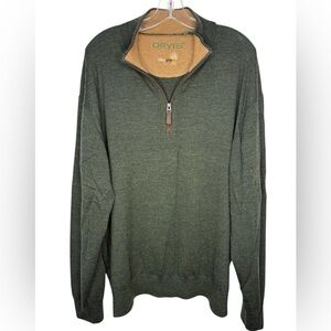 Orvis Men’s Green Quarter Zip Sweater XXL Leather Trim Wool Blend